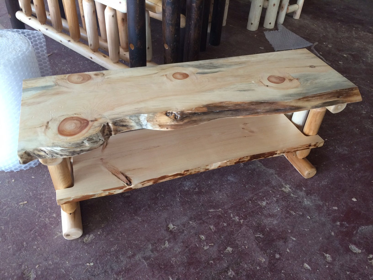 SRL Rustic Log Pine TV Stand Entertainment Center - Rustic TV Stand Perfect for Living Room & Bedroom Storage – Clear Lacquer Finish – Stylish Entertainment Center Southern Rustic Logwerks