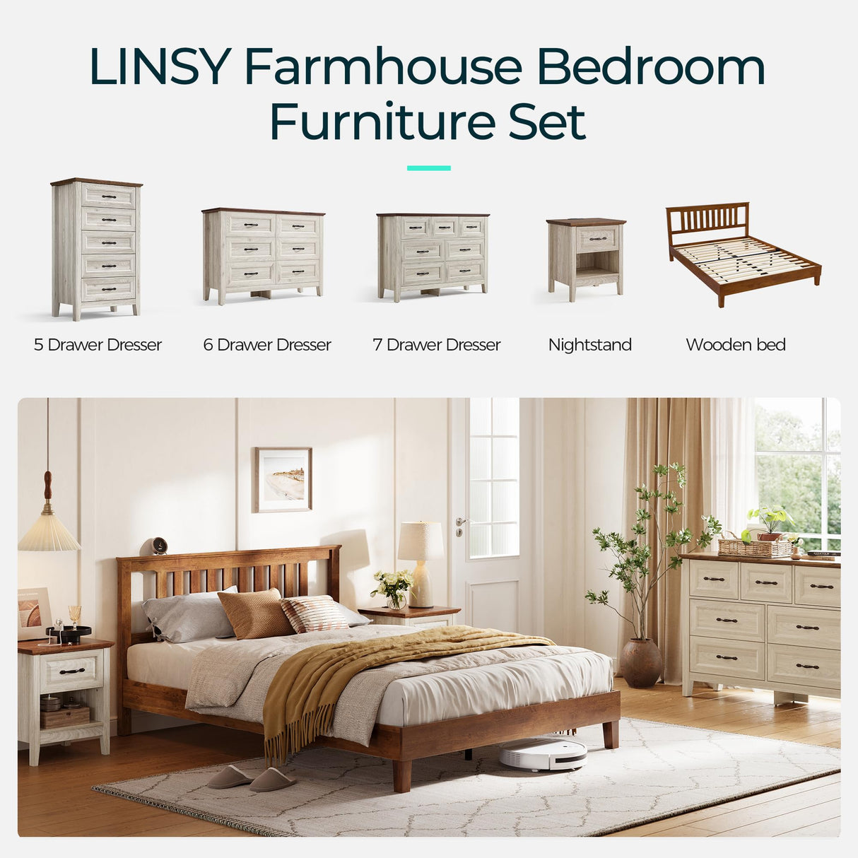 LINSY Queen Bed Frame, Wood Platform Bed Frame with headboard, Solid Wood Bed with Wood Slat Support, No Box Spring Needed, Easy Assembly, Walnut, Queen LINSY