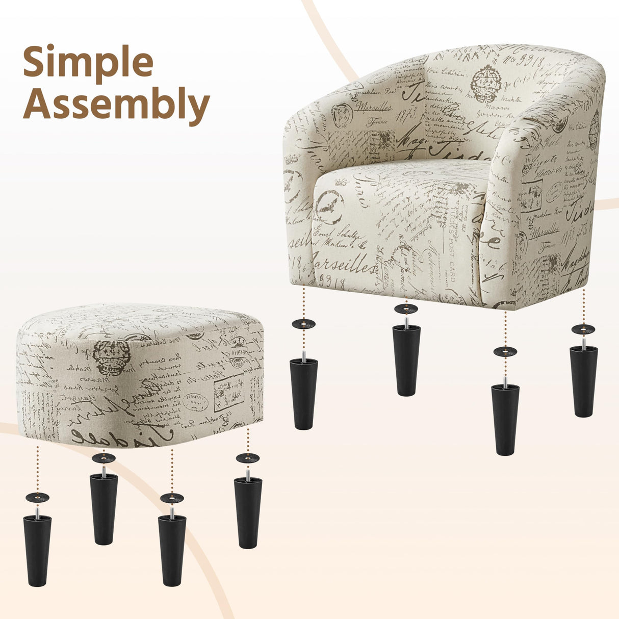 Yaheetech Modren Club Chair with Ottoman, Fabric Accent Armchair with Footstool, Upholstered Barrel Chair and Footrest for Living Room Bedroom Guestroom, Letter Print Yaheetech