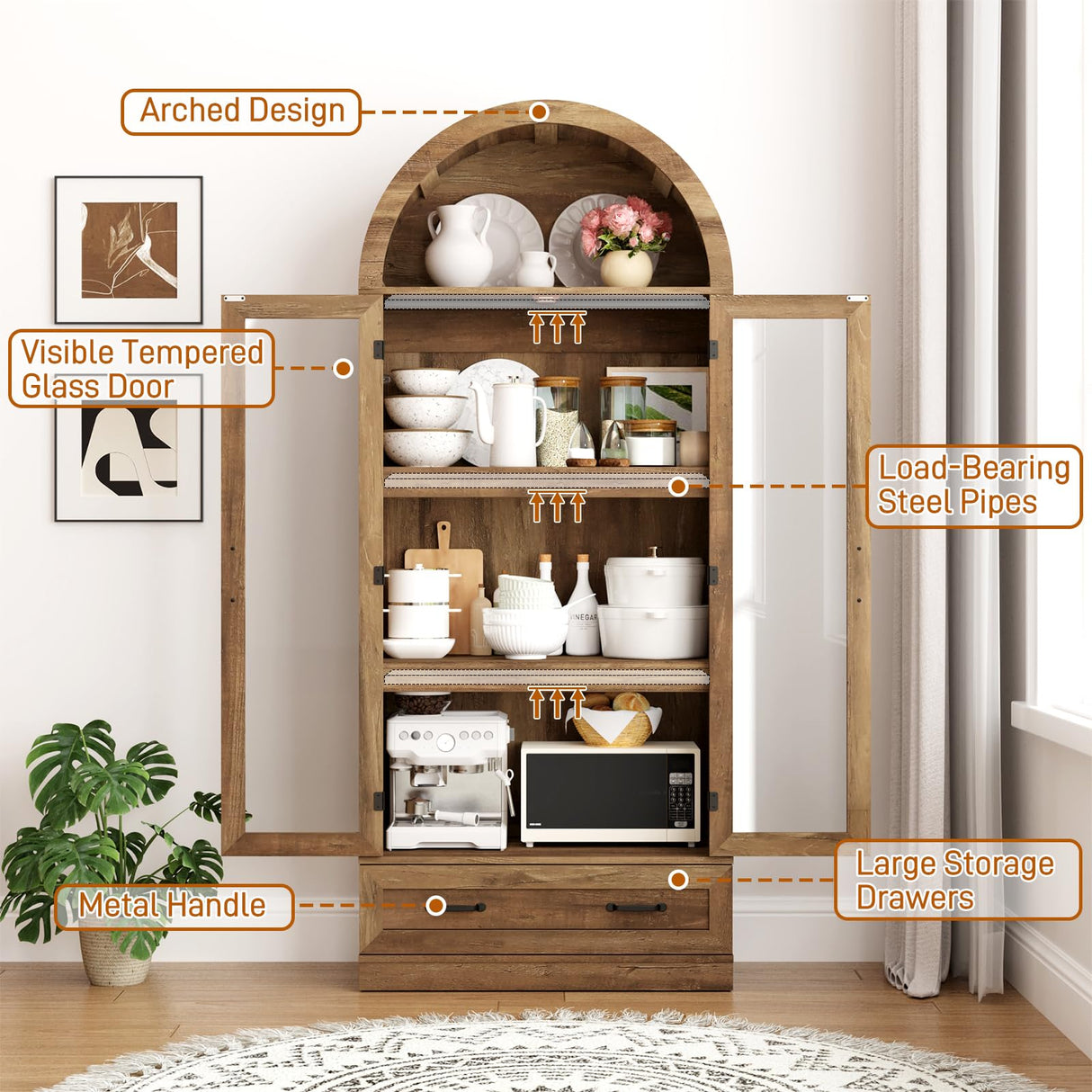 75" Tall Arched Kitchen Pantry Cabinet w Load-Bearing Steel Pipe,Modern Farmhouse Kitchens Storage Cabinet with Drawer and Glass Doors,Tall Arched Bookcase,Pantry Organizer for Living Room(Natural) chartustriable