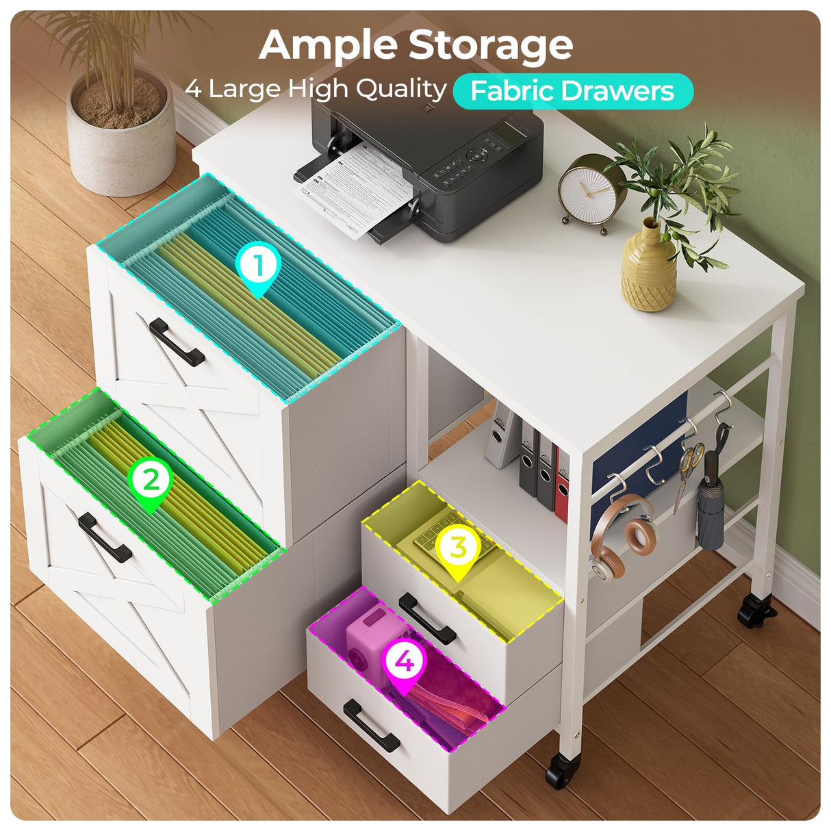 SEDETA 4 Drawers Filing Cabinet, File Cabinet for Home Office fits Letter/Legal/A4 Size Hanging Files, Printer Stand with Storage, White SEDETA