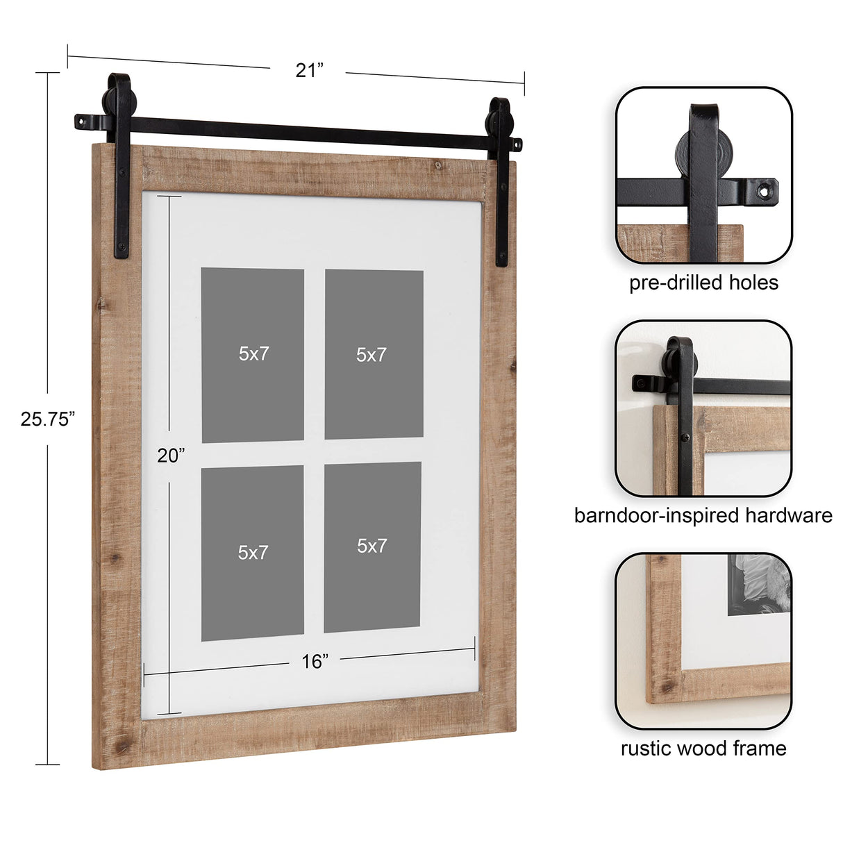 Kate and Laurel Cates Farmhouse Wooden Collage Picture Frame, 21x26 Matted to (4) 5x7, Rustic Natural Brown, Photograph Frame Fitting Four 5x7 Images with Barn Door-Inspired Design Kate and Laurel