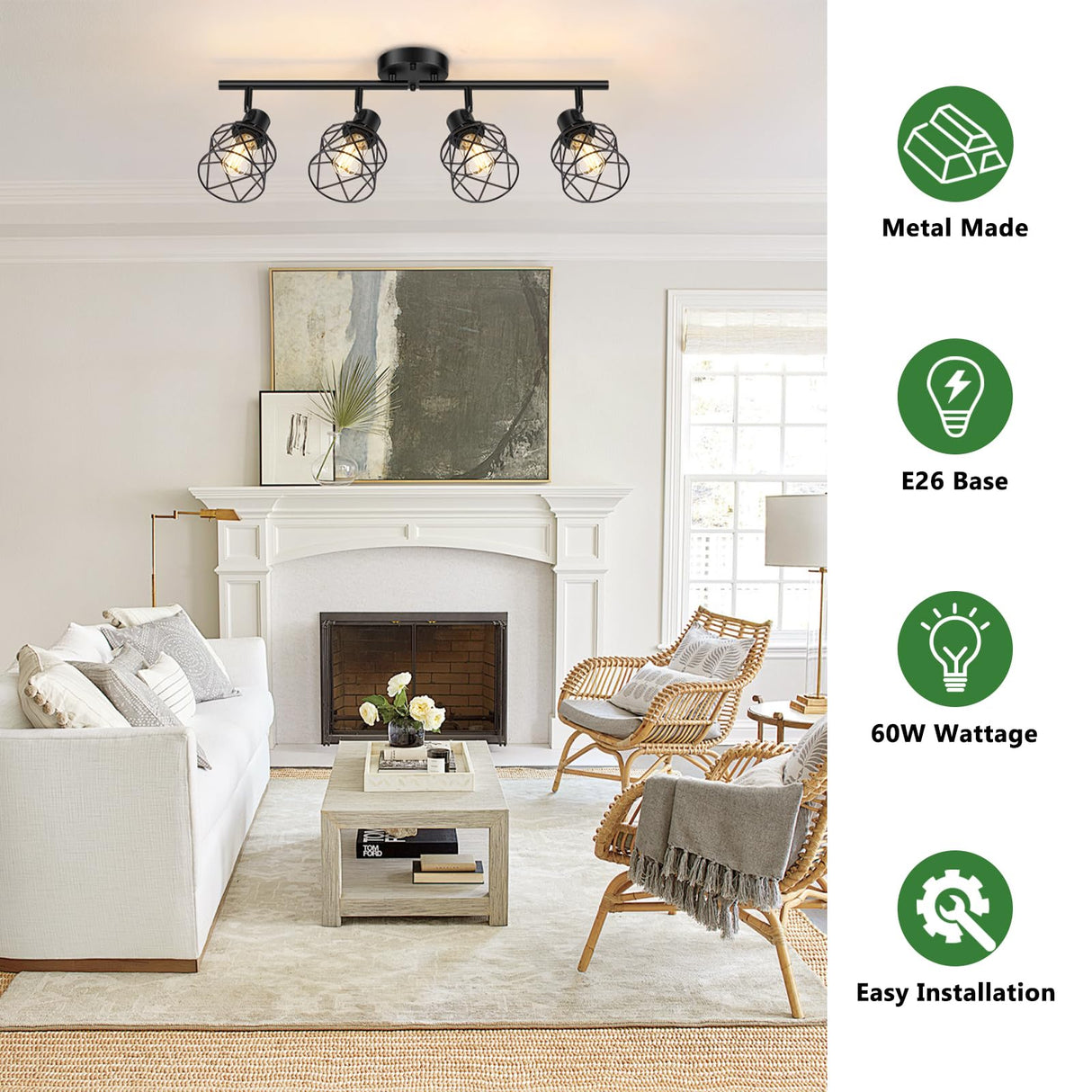 Baocuz 4-Lights Semi Flush Mount Ceiling Light, Adjustable Multi-Directional Light Fixtures, Rotatable Farmhouse Light Fixtures Mount with Metal Cage for Dining Room, Living Room Baocuz