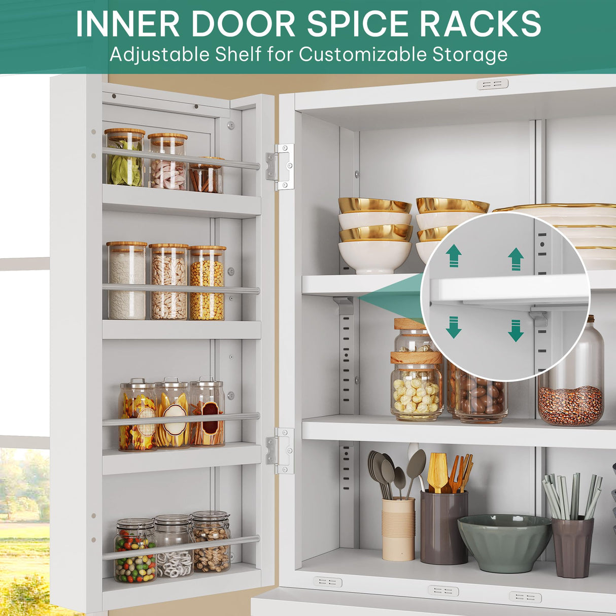 YITAHOME 71" Tall Kitchen Pantry, Metal Kitchen Storage Cabinet with Adjustable Shelves, Pantry Organizer with 2 Door and Drawer for Dining Room, Living Room, Bathroom, White YITAHOME