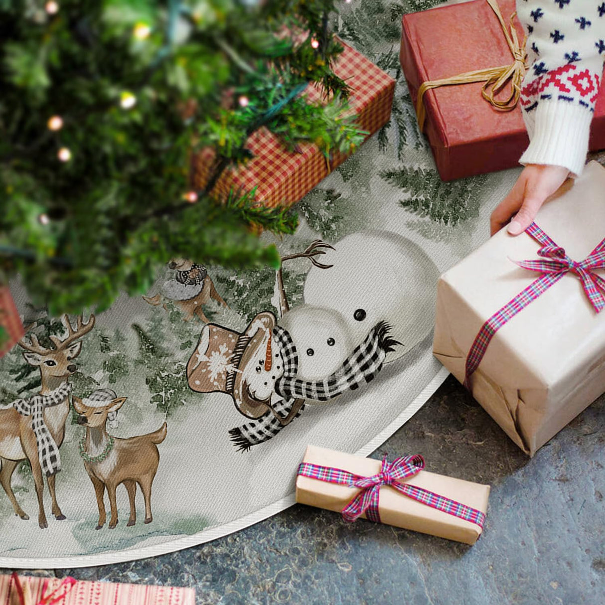 AVOIN colorlife Snowman Reindeer Snowflake Christmas Tree Skirt 48 Inch, Winter Holiday Tree Mat Decoration AVOIN colorlife