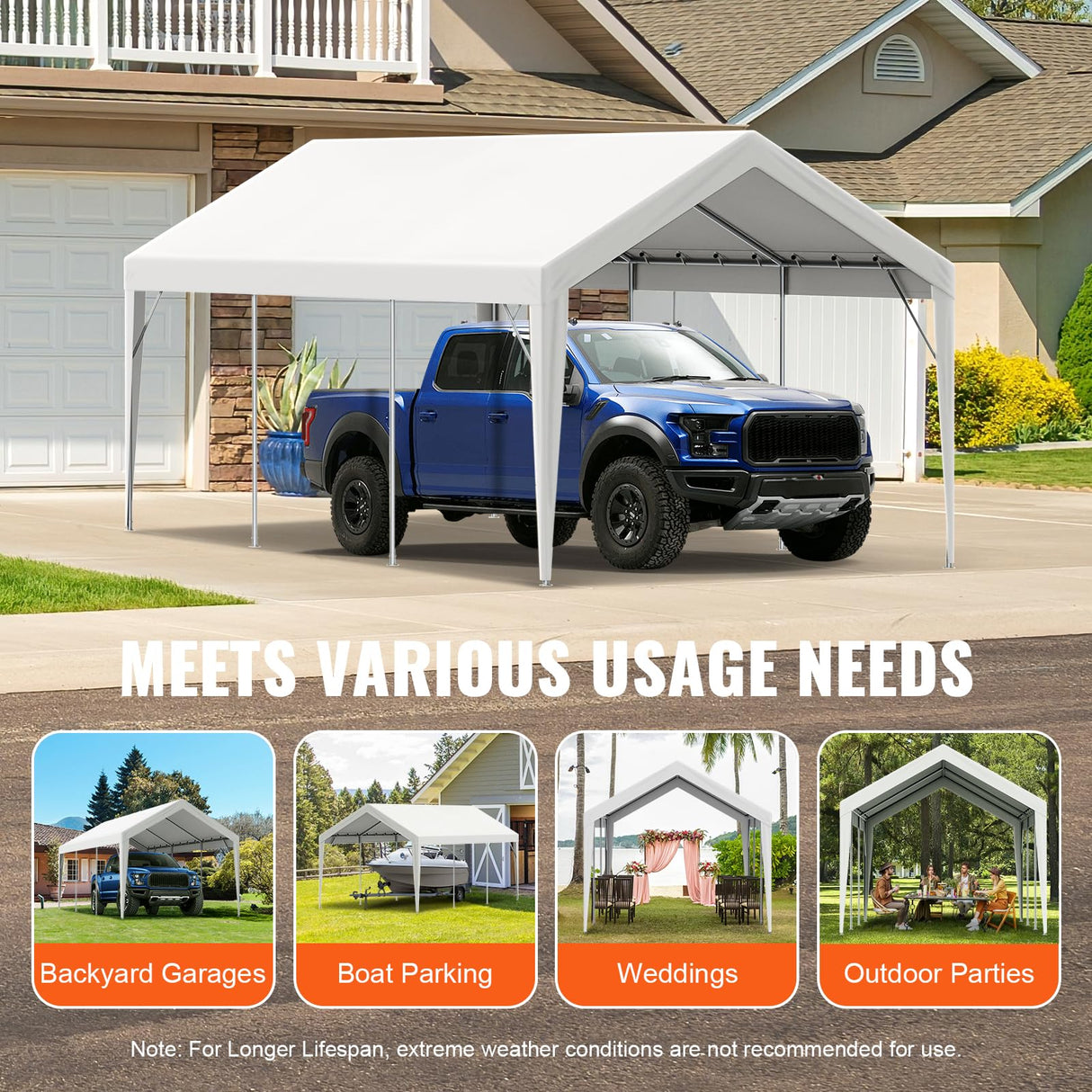 VEVOR Carport Replacement Canopy Cover 10 x 20 ft, Garage Top Tent Shelter Tarp Heavy-Duty Waterproof & UV Protected, Easy Installation with Ball Bungees,White (Only Top Cover, Frame Not Include) VEVOR