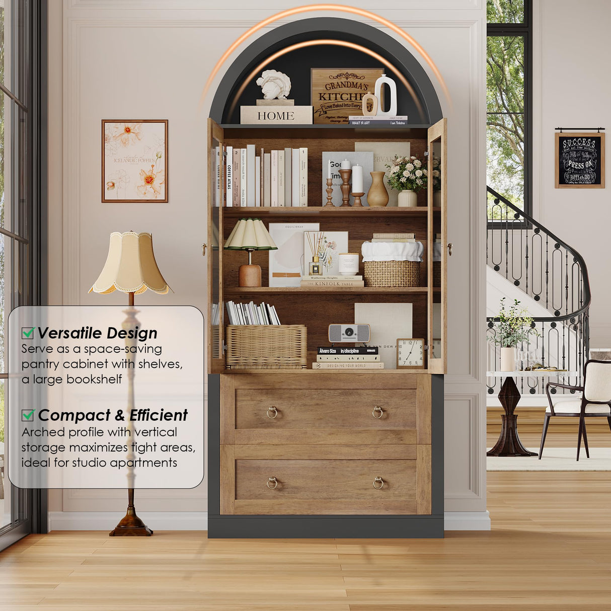 FINETONES 70" Tall Arched Cabinet, 6-Tier Arch Bookcase with Drawers, Farmhouse Bookshelf with Doors and Shelves, Large Display Book Shelf Storage Cabinet for Living Room, Office, Black/Brown FINETONES