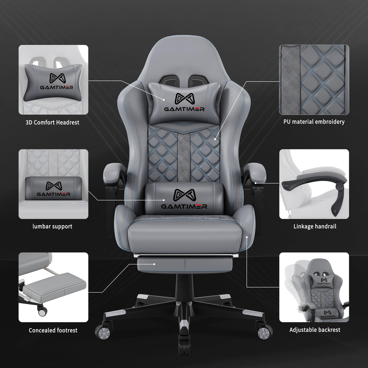 Gaming Chair, Computer Office Chair with Footrest, 155° Reclining Chair, Ergonomic High Back Computer Chair with Headrest and Lumbar Support for Adults and Kids(Grey) Gamtimer