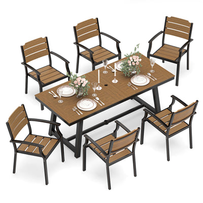 Cozyman Patio Table and Chairs Set, Patio Furniture Set, 7-Piece, HDPS All-Weather Material Outdoor Dining Set, Outdoor Furniture Set with Umbrella Hole, Brown-Oil Printed