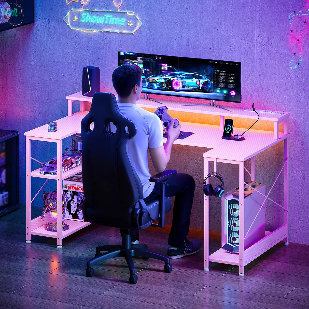 ODK 48 Inch Gaming Desk with LED Lights and Power Outlet, U-Shaped Computer Desk with Monitor Stand and Storage Shelves, PC Gamer Table for Home Office, Carbon Fiber Pink ODK