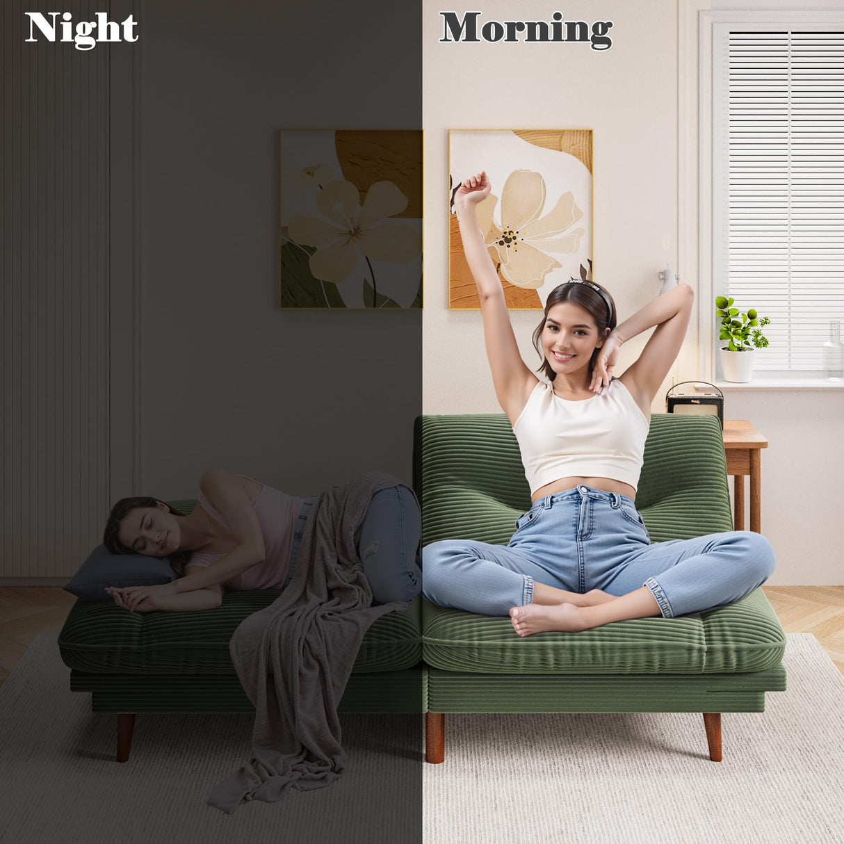 Homall Futon Sofa Bed, Modern Loveseat Futon Couch with Adjustable Backrest and Armrests, Sleeper Sofa Bed with Wood Frame for Living Room, Office, Apartment (Corduroy, Green) Homall