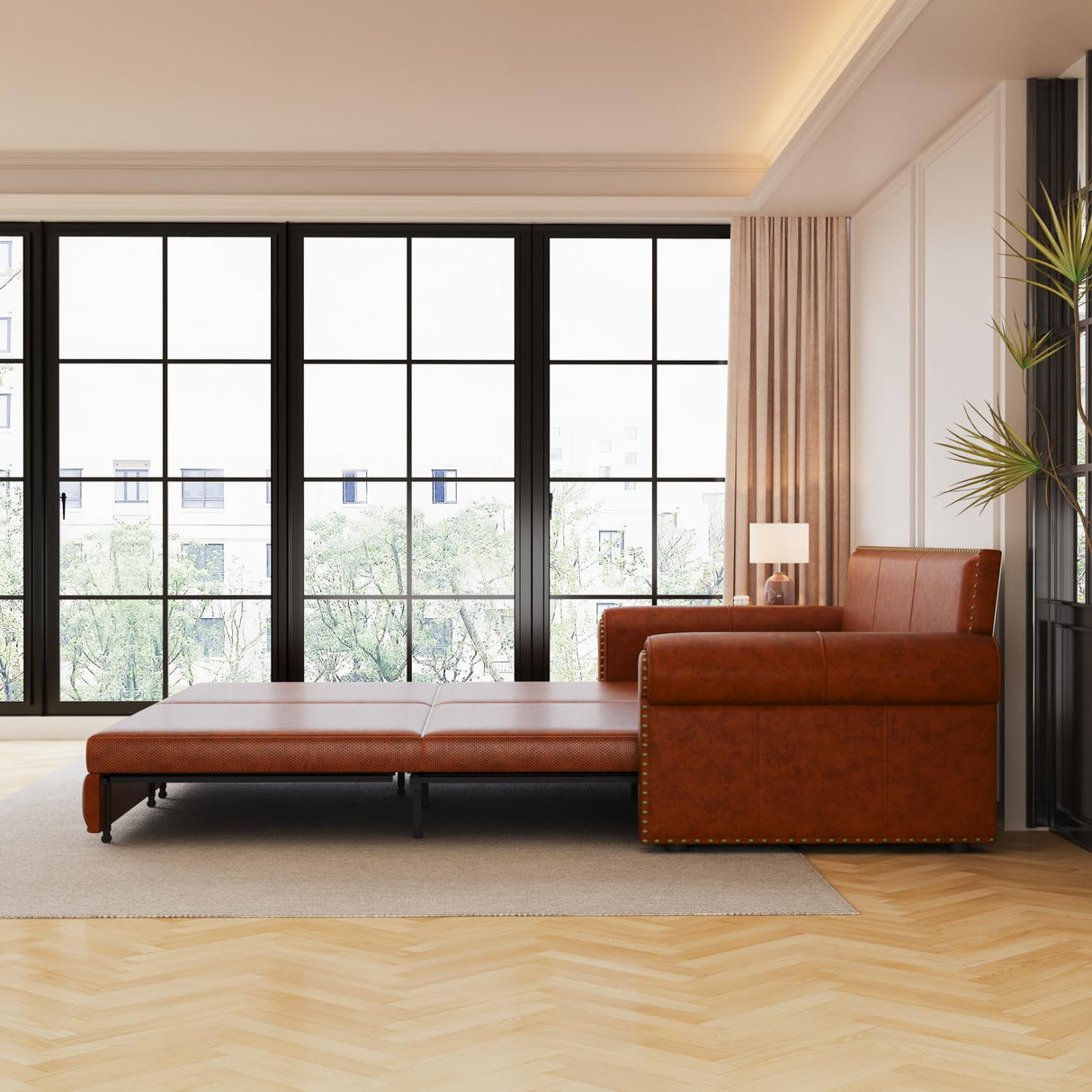 DNChuan 93.7" Pull Out Sofa Bed King Size with Pillows,3-in-1 Convertible Sleeper Couch with Nails Trim,PU Leather 3 Seater Sofabed for Living Room,Light Brown DNChuan