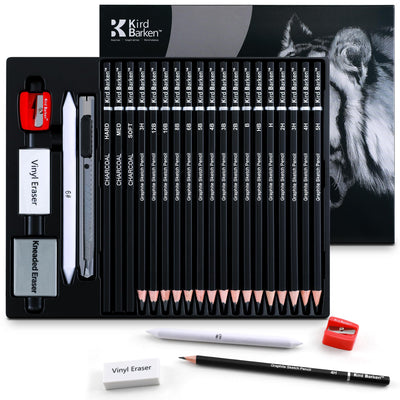 Kird Barken 24PCS Professional Sketch Pencil Set – 5H to 14B Pencils, Charcoal Pencils, Art Supplies Kit with Erasers, Sharpener, Knife – Ideal Gift for Artists, Students, Kids, Beginners