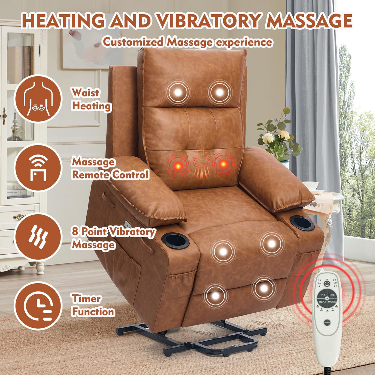 Polar Aurora Power Lift Chair for Elderly,Electric Recliner Chair with Vibrating Massage & Heating,Living Room Chair with Thickened armrest,USB Ports,2 Cup Holders,Brown Polar Aurora
