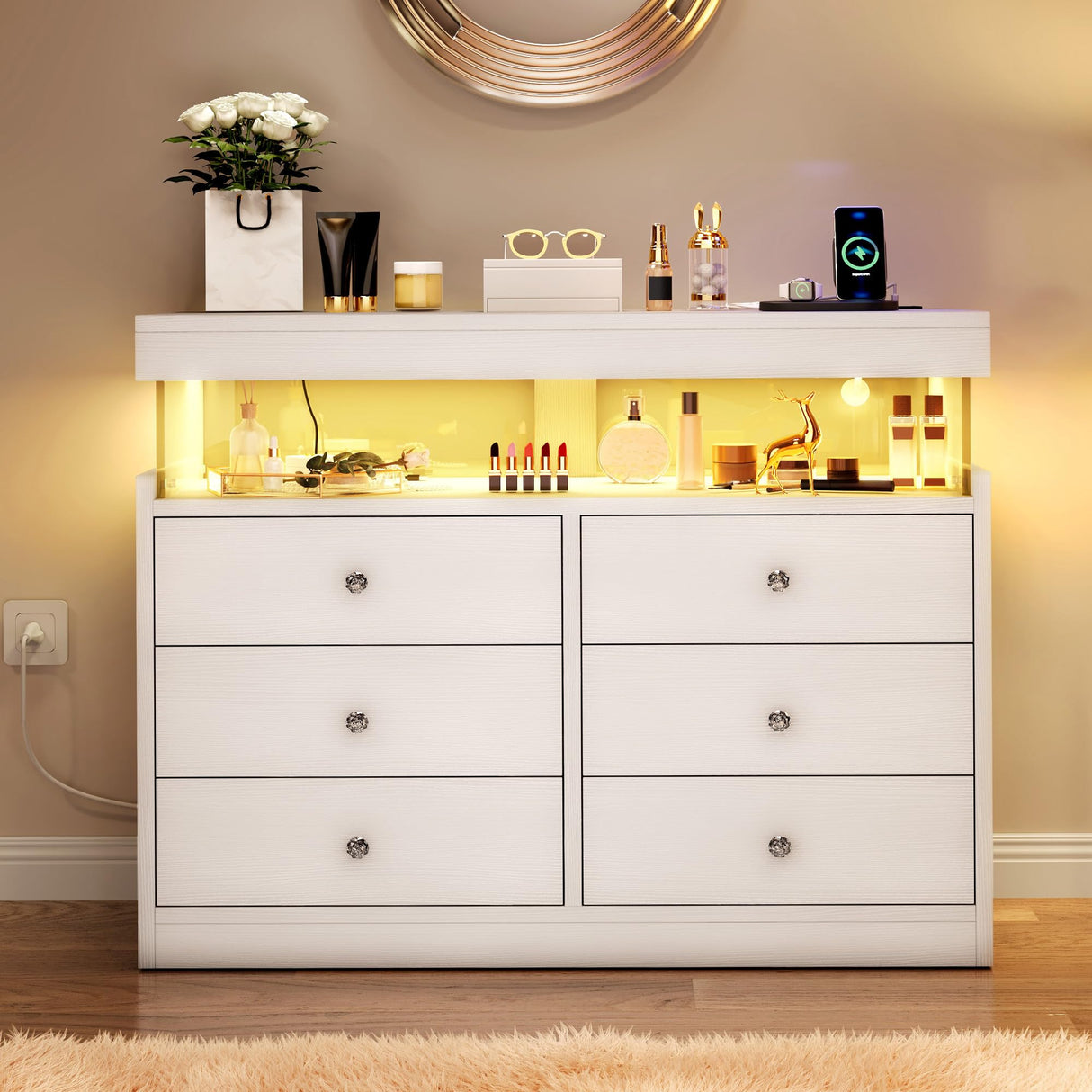 YITAHOME 6 Drawer Dressers with LED Lights and with Charging Station, Wood Dressers Chests of Drawers, Modern Dresser with Open Shelf Storage for Room, Entryway, Hallway, White YITAHOME