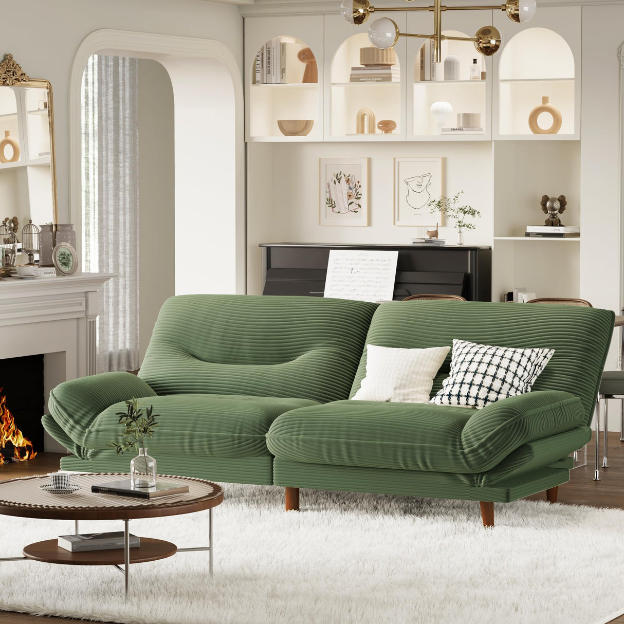 Homall Futon Sofa Bed, Modern Loveseat Futon Couch with Adjustable Backrest and Armrests, Sleeper Sofa Bed with Wood Frame for Living Room, Office, Apartment (Corduroy, Green) Homall