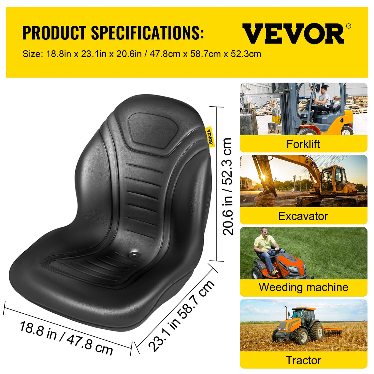VEVOR Universal Tractor Seat Replacement 2 Pcs Compact High Back Mower Seat, Black Vinyl Forklift Seat, Central Drain Hole Skid Steer Seat with Mounting Bolt Patterns of 8" x 11.5" & 11.25" x 11.5" VEVOR