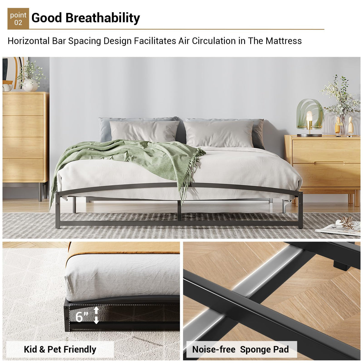 GAOMON Low Bed Frame Queen Size, 6 Inch Heavy Duty Metal Platform Queen Bed Frame with Arch Design, Easy Assembly, Strong Bearing Capacity, Under Bed Storage, No Box Spring Needed - Black GAOMON