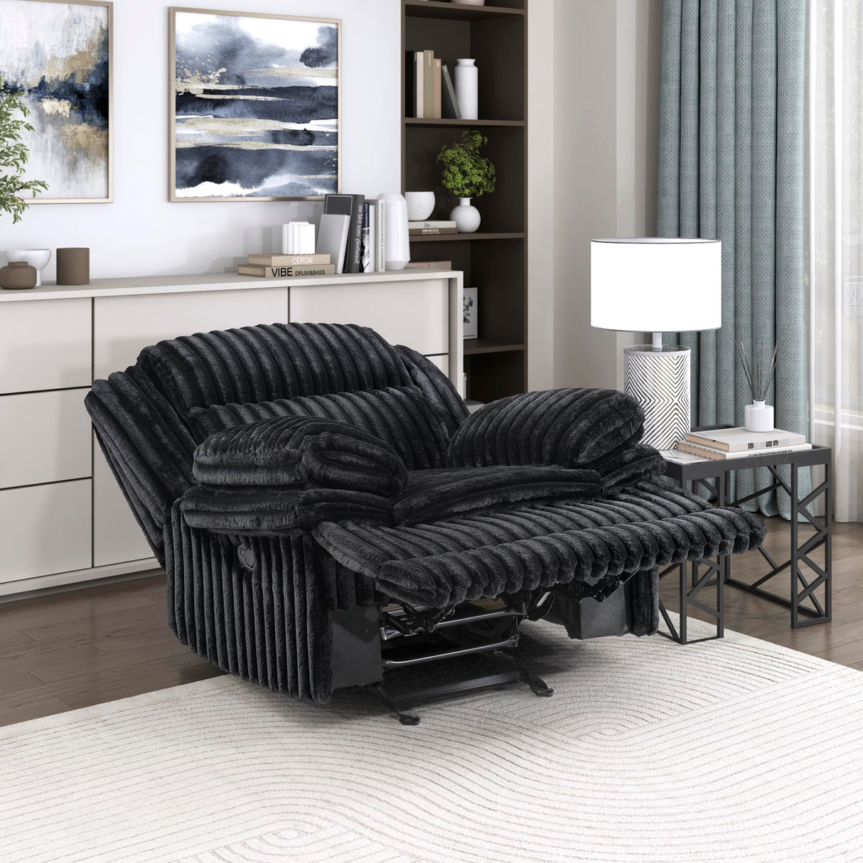 Lexicon Manual Glider Recliner Chair, Corduroy Manual Tab Pull Reclining Chair with Pillow Top Arms, Plush Cushions, Cozy Theater-Style Accent for Living Room/Bedroom, Easy Assembly, Black Lexicon