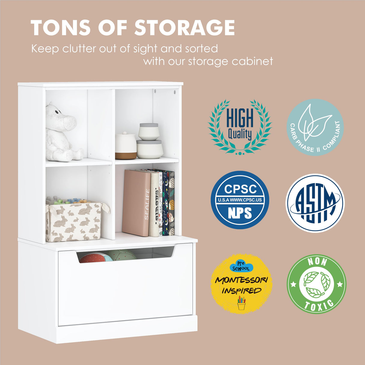 UTEX Kids Bookshelf and Toy Storage Organizer, Toddlers Bookcase with Cubbies, Adjustable Wood Shelf with Drawer for Bedroom, Playroom, Nursery, White UTEX