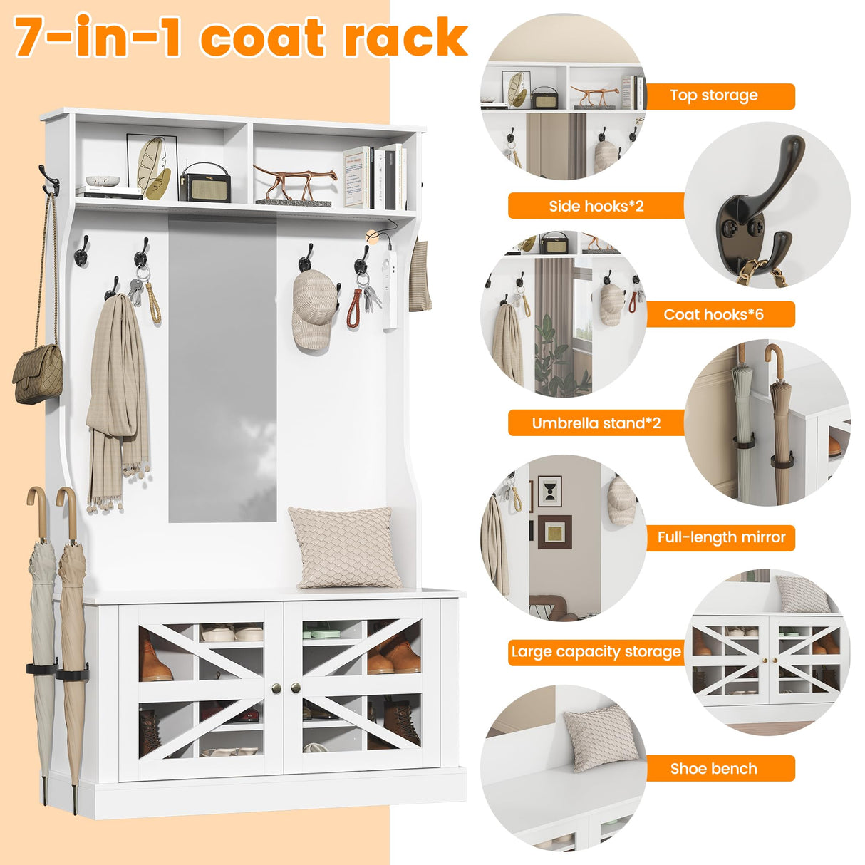 Semoic Farmhouse Hall Tree with Bench and Shoe Storage, 7-in-1 Entryway Storage Bench with 8 Coat Racks, Shoe Rack with 7 Shoe Cubbies & Mirror & LED Light, Mudroom/Hallway Storages, White Semoic