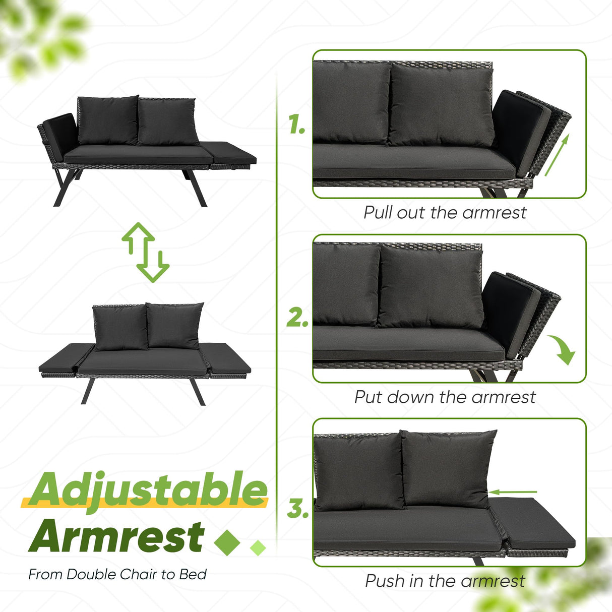 Greesum Outdoor Sofa, Woven Rattan Patio Furniture, Convertible Daybed or Double Chair with Adjustable Armrests, Cushions and Pillows for Yard, Porch, Pool, Black Lounger & Black Pillowcase Greesum