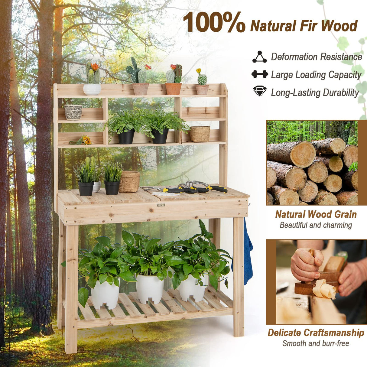 Giantex Garden Potting Bench Table, Large Workbench Table with Shelves, Openable Tabletop Hidden Storage Cabinet, 3 Hooks, Outdoor Wooden Workstation for Patio Garden Garage, 43.5"x19.5"x 60.5" Giantex