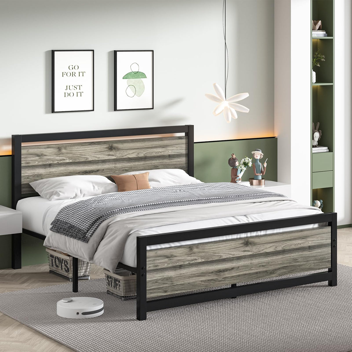 Catrimown Heavy Duty Full Size Bed Frame with Stylish Washed Grey Wood Headboard and Footboard Catrimown