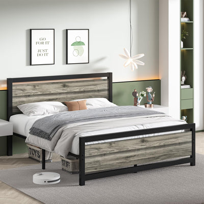 Catrimown Heavy Duty Full Size Bed Frame with Stylish Washed Grey Wood Headboard and Footboard