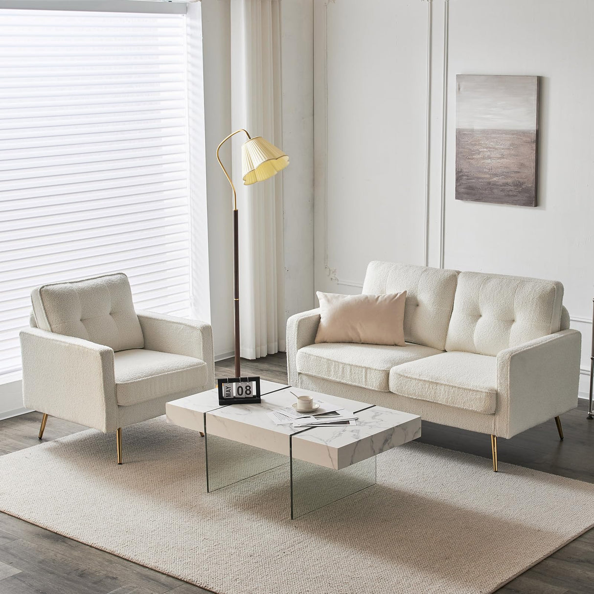 VINGLI 56" Modern White Loveseat,Small Sofa Couch with Deep Seat for Living Room,Faux Sherpa 2-Seater Sofa for Bedroom,Apartment,Office,Dorm,Small Space VINGLI