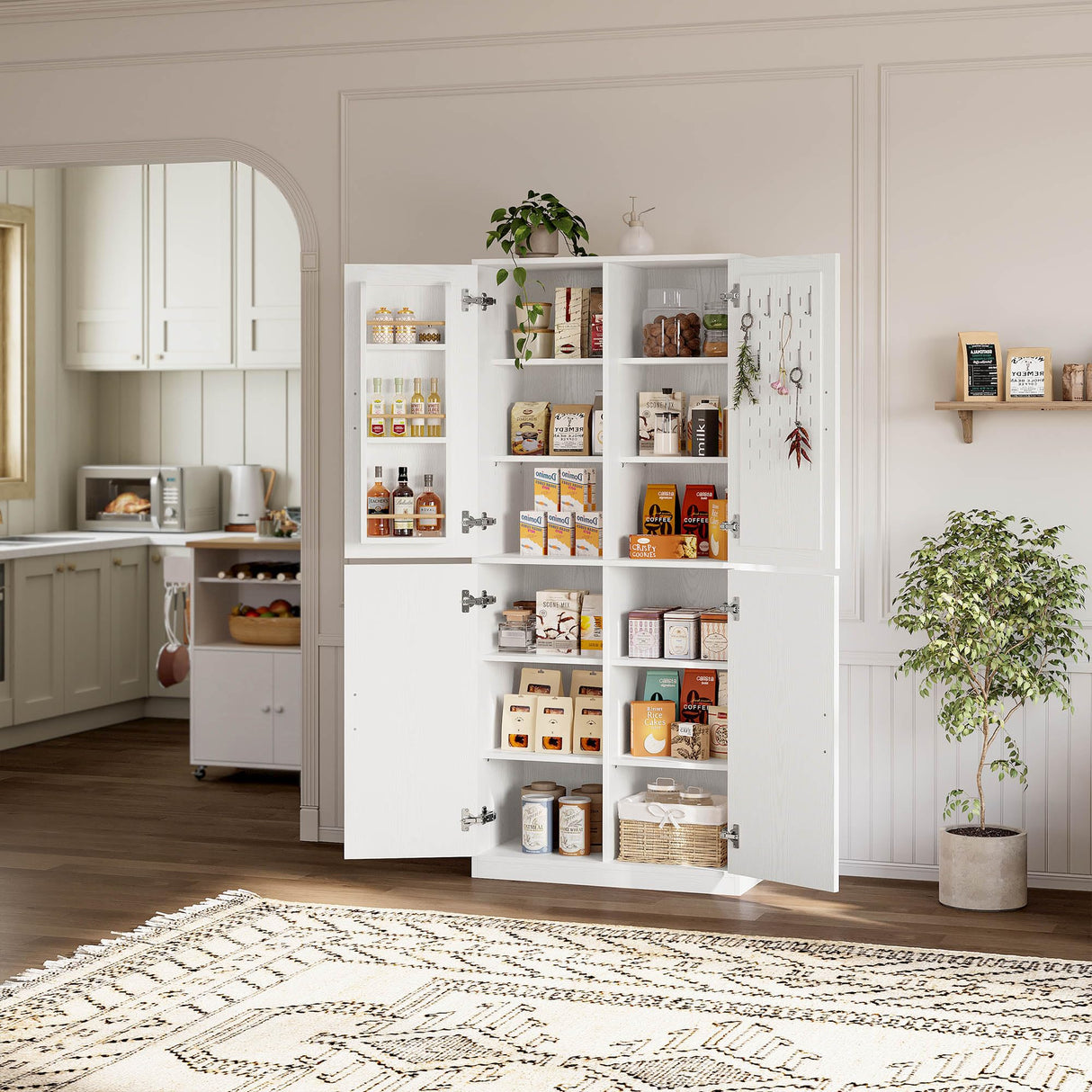 IRONCK 71" Kitchen Pantry Storage Cabinet with Storage Rack, Pegboard Doors, 4 Adjustable Shelves, Food Pantry Cabinet, Freestanding Tall Cupboard for Dining Room, Kitchen, White IRONCK