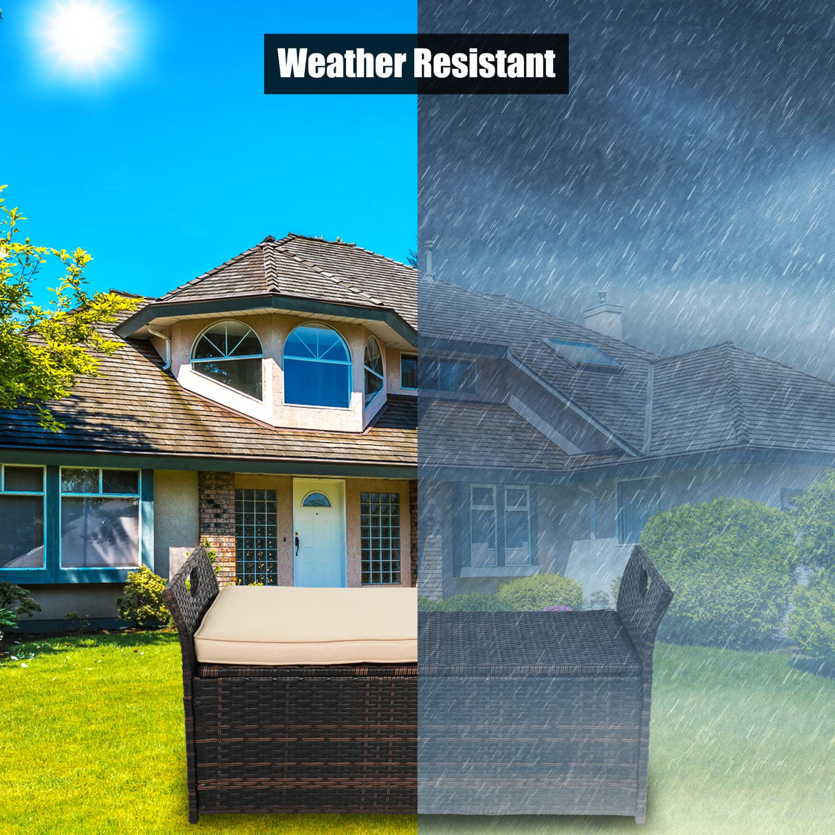 VINGLI 40 Gallon Wicker Storage Bench, Patio Cushion Storage Box Designed with Side Handles, Rattan Deck Box for Garden Tools, Cushions, Outdoor Patio Deck Box for Garden, Poolside, Brown VINGLI