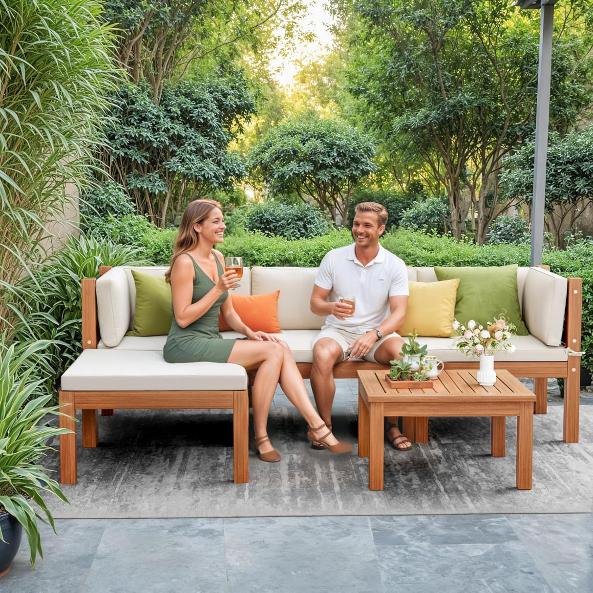 Devoko 5 Pieces Acacia Wood Outdoor Sectional Sofa Set with Coffee Table, Outdoor L-Shaped Couch with All-Weather Cushion for Patio Devoko