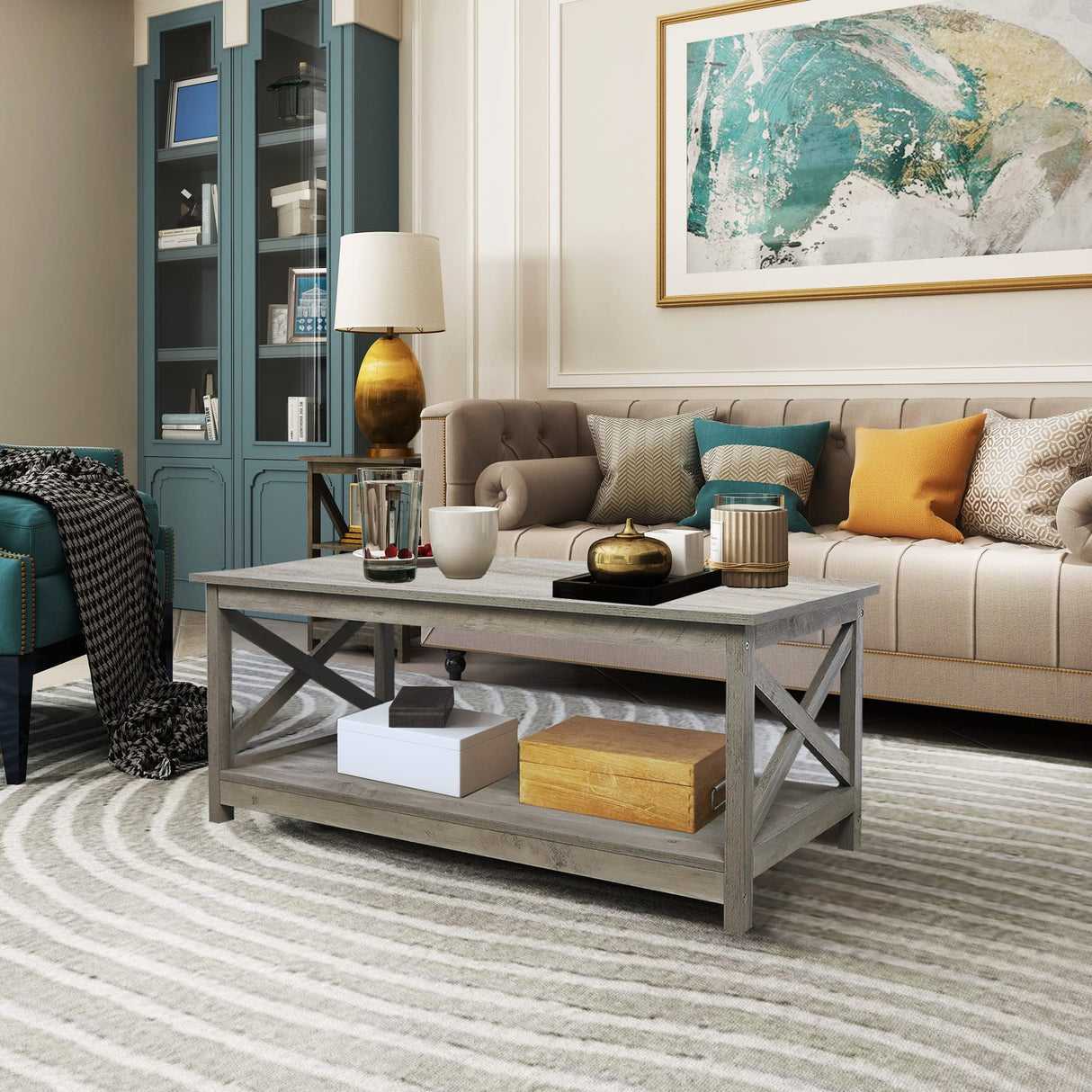 Rainbow Sophia Coffee Table, Modern Farmhouse Wood Coffee Table with 2-Tier Storage, 40 Inch, Washed Oak Rainbow Sophia