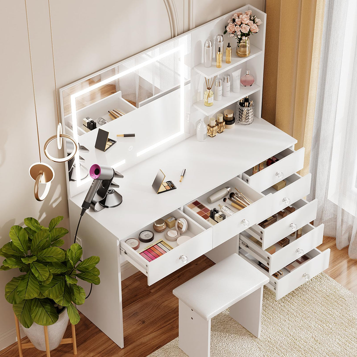 VOWNER Vanity with Lighted Mirror - 47" Makeup Vanity Desk with 7 Drawers, 3 Storage Shelves and Outlet, 3 Color Lighting Modes with Adjustable Brightness, Makeup Desk with Stool for Bedroom, White VOWNER