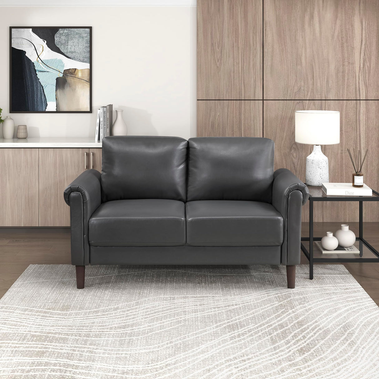 Lexicon 57" W Loveseat, Faux Leather Upholstered Couch, Loveseat with Rolled Armrest for Bedroom/Office/Waiting Room, 2 Seater Couch, Dark Gray Lexicon