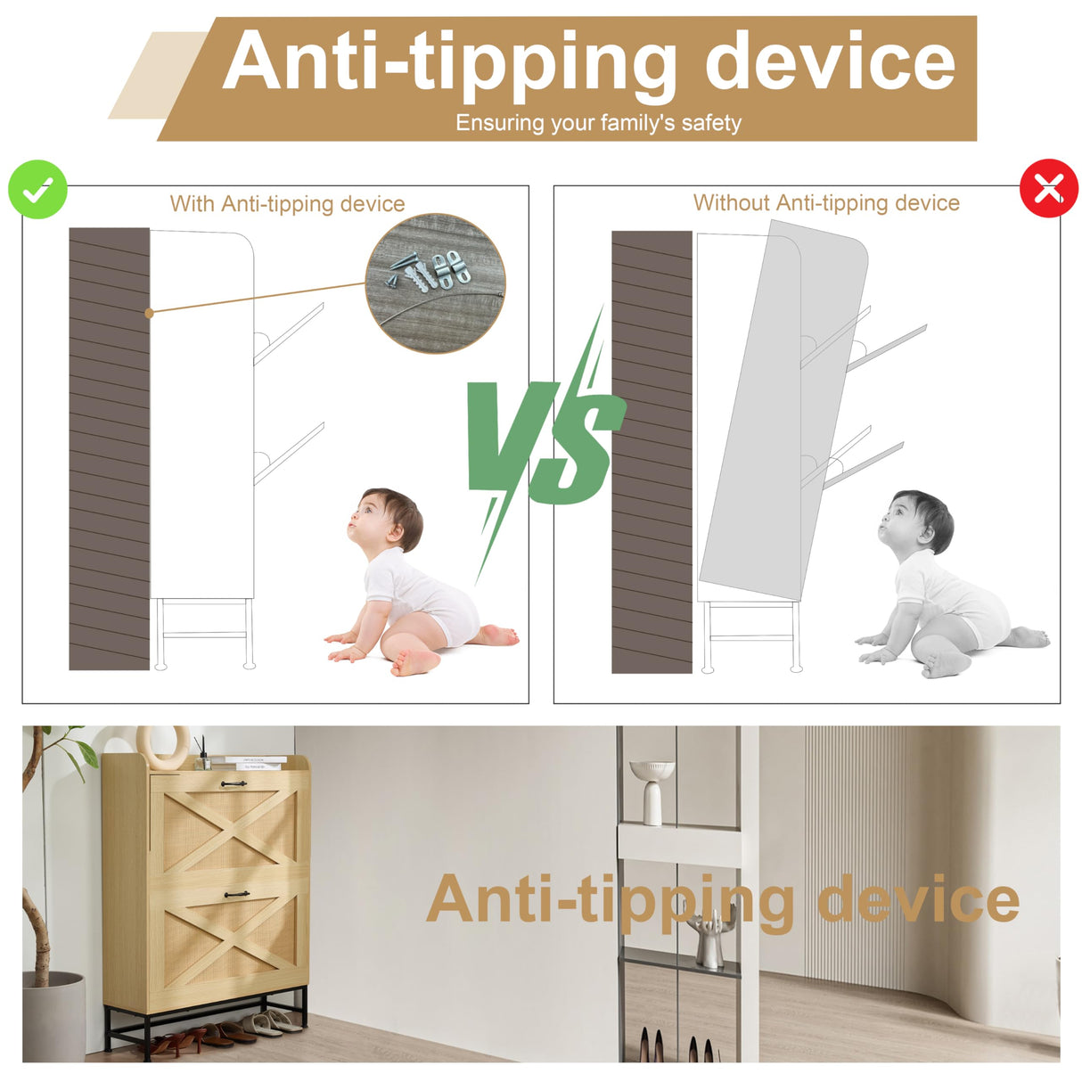 Chilihom Narrow Rattan Shoe Cabinet Storage for Entryway, Shoe Organizer with 2 Flip Drawers, Hidden Shoe Storage Slim Storage Cabinet Metal Legs, Farmhouse Free Standing Shoe Rack Cabinet, Natural Chilihom