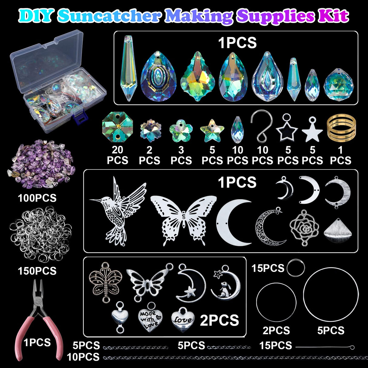 HYBEADS DIY Suncatchers, 400pcs Sun Catchers Making Supplies Kit Art and Crafts for Adults Hanging Prism Sun Catcher with Crystals Rainbow Maker for Indoor Window Home Wedding Garden Christmas Decor HYBEADS
