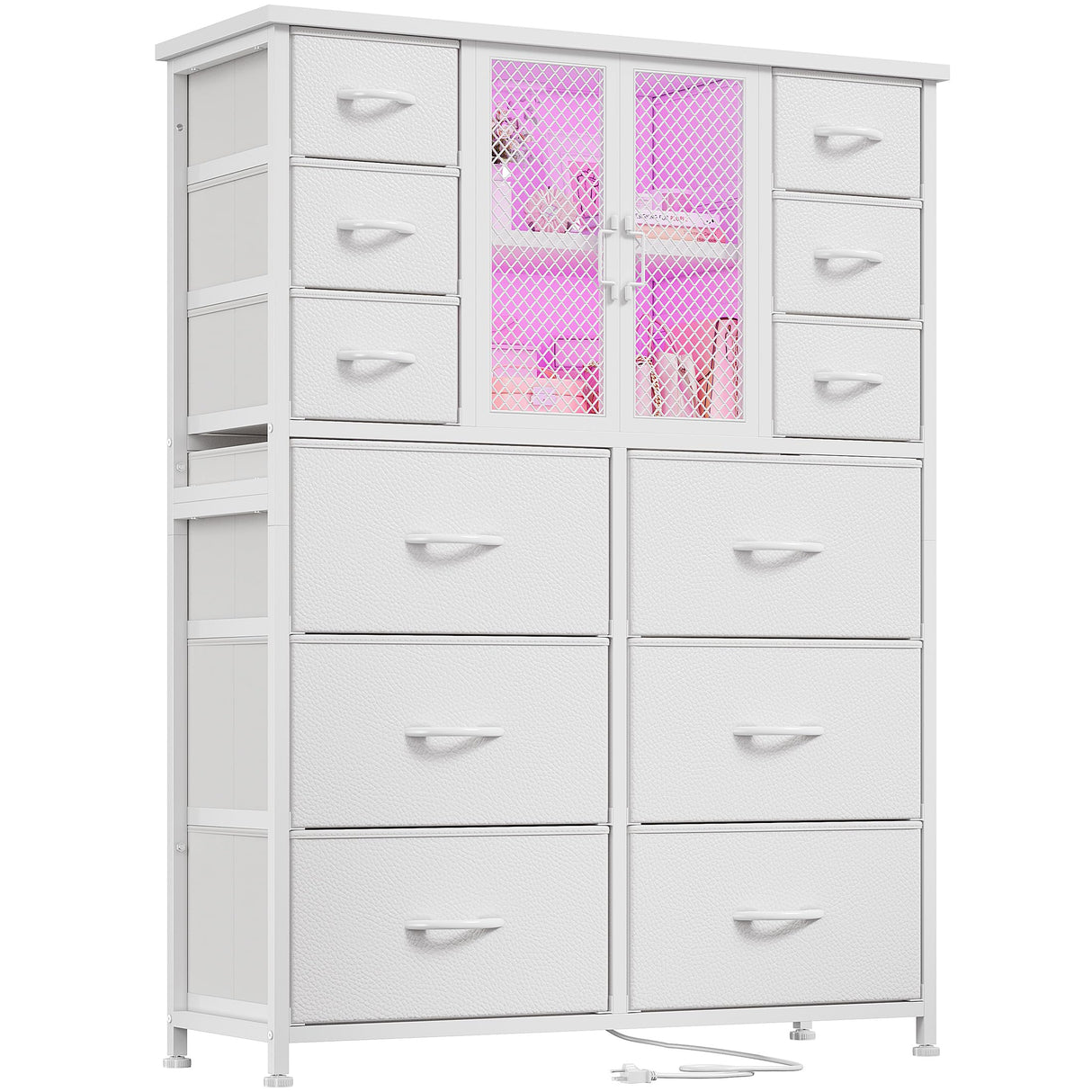 EnHomee Tall Dresser for Bedroom with 12 Drawer Dressers & Chests of Drawers for Closet with Power Outlets & LED Lights Sturdy White Dresser with PU Finish Wooden Top and Metal Frame Mesh Door EnHomee