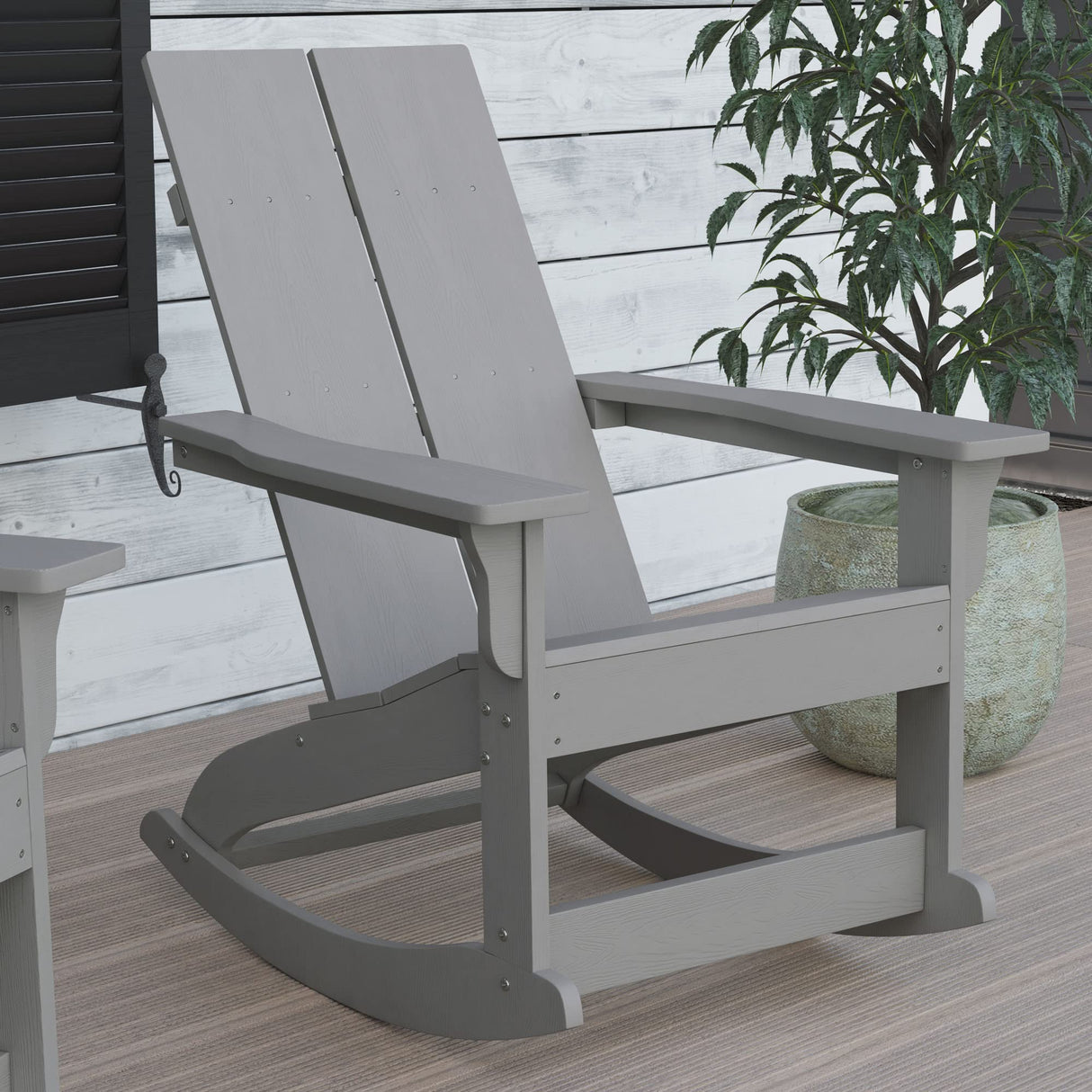Flash Furniture Finn Modern Commercial Grade Poly Resin Wood Adirondack Rocking Chair - All Weather Gray Polystyrene - Dual Slat Back - Stainless Steel Hardware Flash Furniture