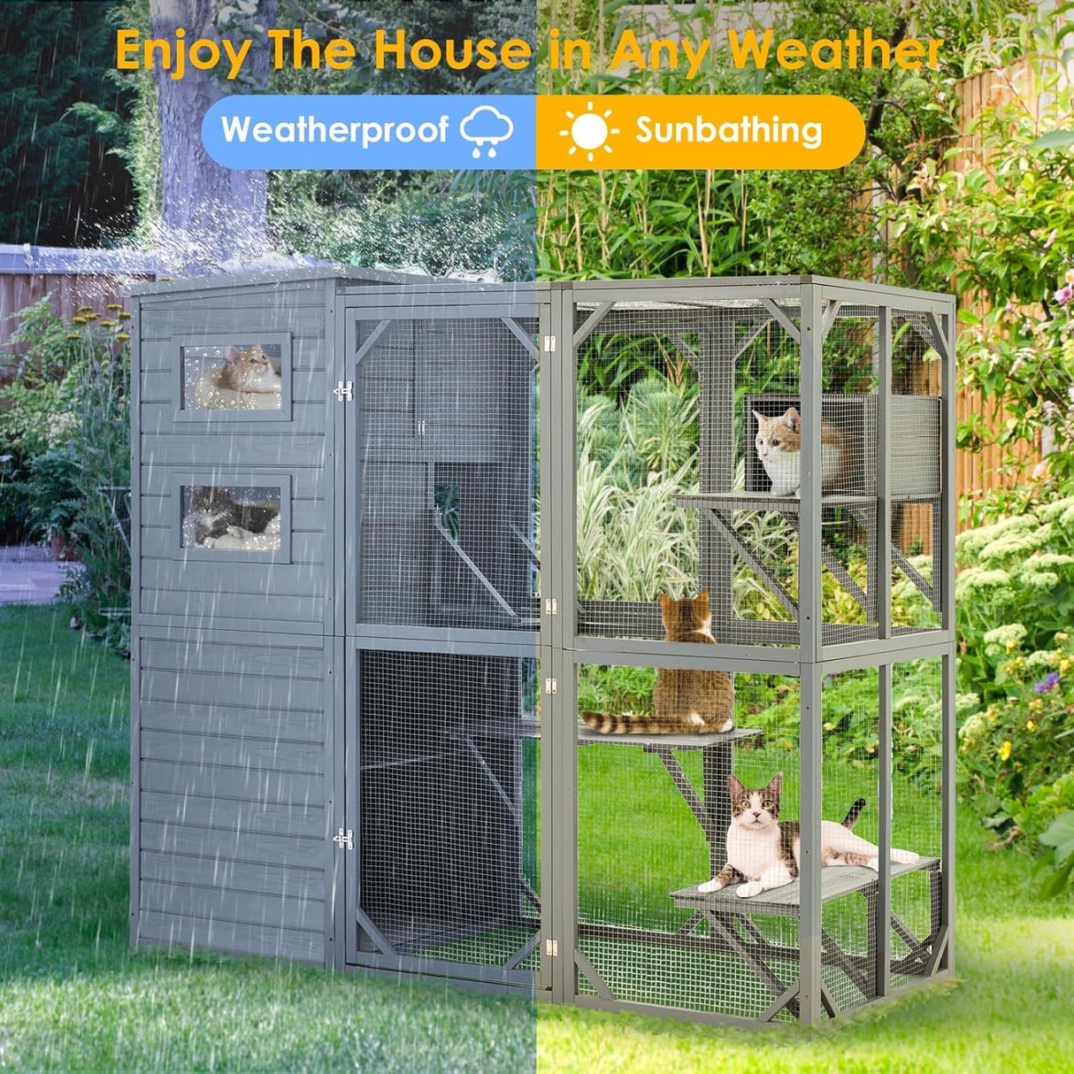 YDTOP Large Catio 4 Tiers Cat Enclosure House for Multiple Indoor Outdoor Cats with Weatherproof Roof, 4 Resting Rooms, 4 Platforms, 5 Windows, 70" H 32" W 77" L, Grey Green YDTOP