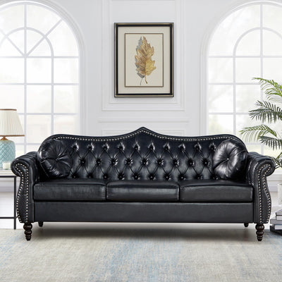 RUSTYER Chesterfield Three Seater Sofa, Mid-Century Modern Faux Leather 3-Seater Upholstered Couch, Tufted Living Room Sofa with 2 Pillows and Button Nailhead, Black