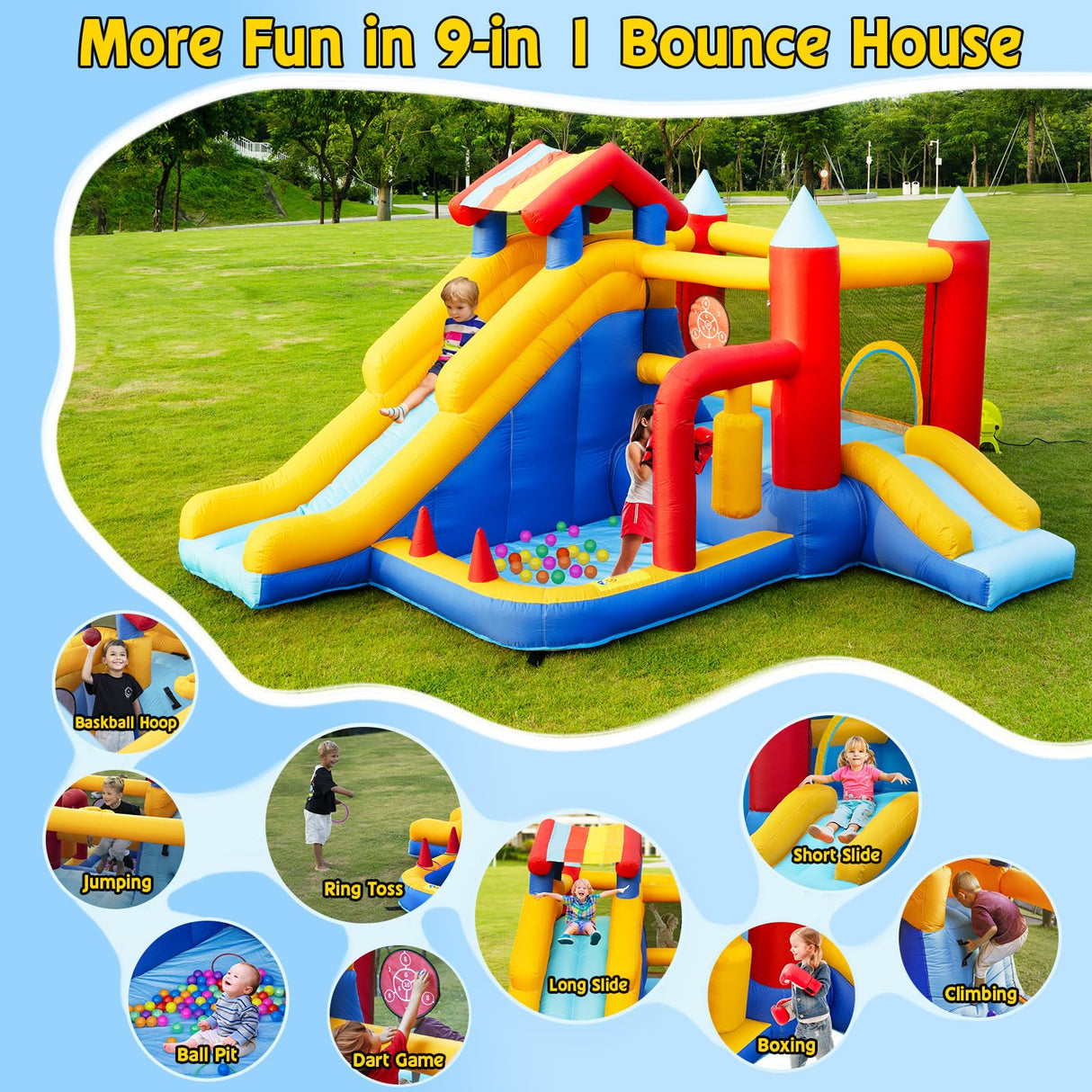 Inflatable Bounce House for Kids Outdoor 9 in 1 Large Bounce Castle for Toddlers Indoor Backyard Big Jump Bouncy House with Blower, Two Slide, Ball Pit, Basketball, Boxing, Climbing, 11.38x10.2FT AONESY