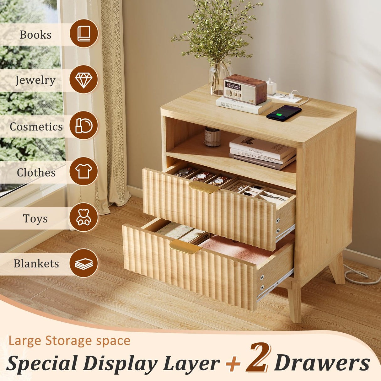 Fluted Nightstand with Charging Station, 19.7 inch Wide End Table with 2 Drawers, Modern Wood Bedside Table for Bedroom(Natural) LYNCOHOME