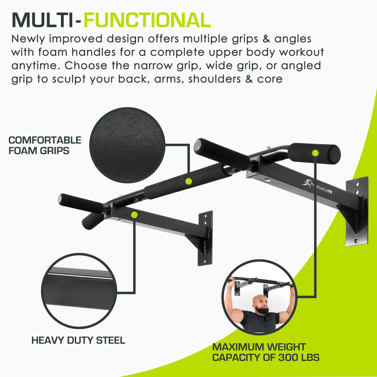 ProsourceFit Wall-Mounted Pull-Up / Chin-Up Bar, Heavy Duty 300 lb. Capacity, Black ProsourceFit