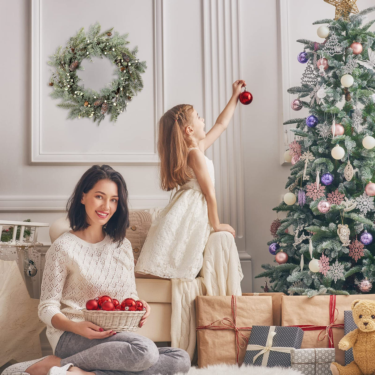 LOHASBEE Artificial Christmas Wreath, 24" Pine Cone Grapevine Flocked Glitter Fir Wreath with White Berries for Christmas Home Front Door Hanging Wall Window Decor LOHASBEE