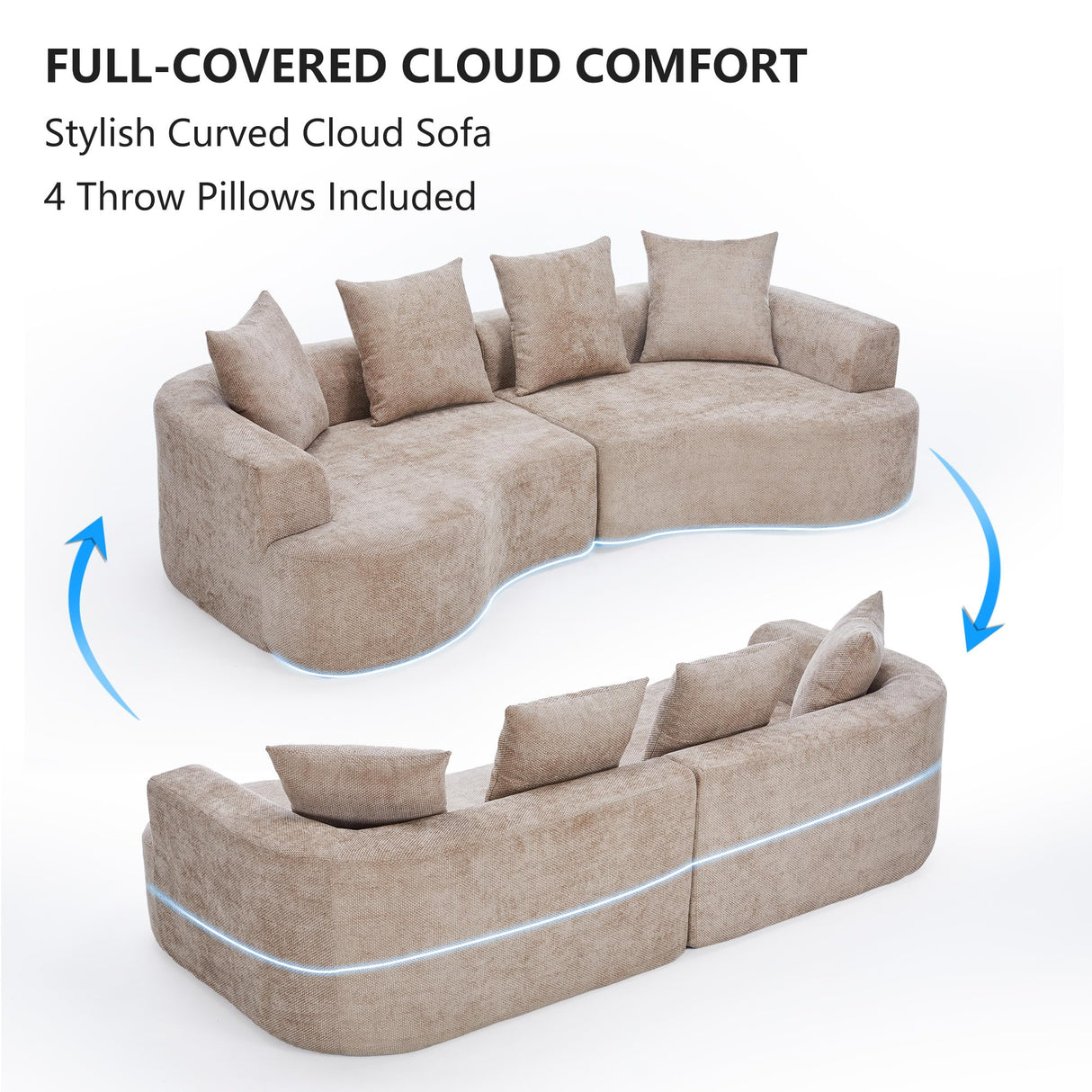 DIFYHOMEY 109” Curved Sectional Sofa, Chenille Fabric Modular Cloud Couch, No Assembly Required Half Moon Couch with Deep Seat, 4 Pillows for Living Room, Apartment, Bedroom DIFYHOMEY