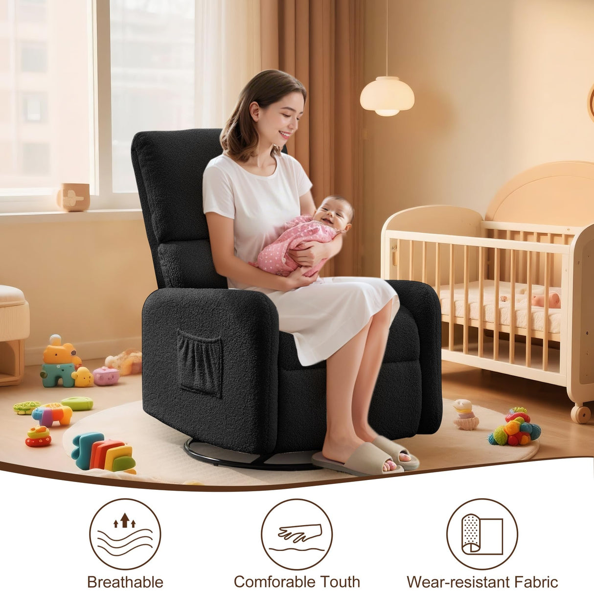 Korser 360° Swivel Glider Chair, Rocking Chair Nursery with Side Pockets, Deep Cushioned Seat, Nursery Chair with Steel Structure Base, Sherpa Swivel Chairs for Living Room, Bedroom, Baby Room Korser