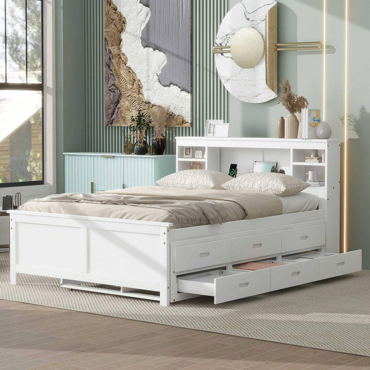 Merax Full Bed Frame with Shelves Headboard and Storage, Teens Wooden Full Size Low Platform Bed with Trundle& Drawers&USB Charging for Bedroom, White Merax