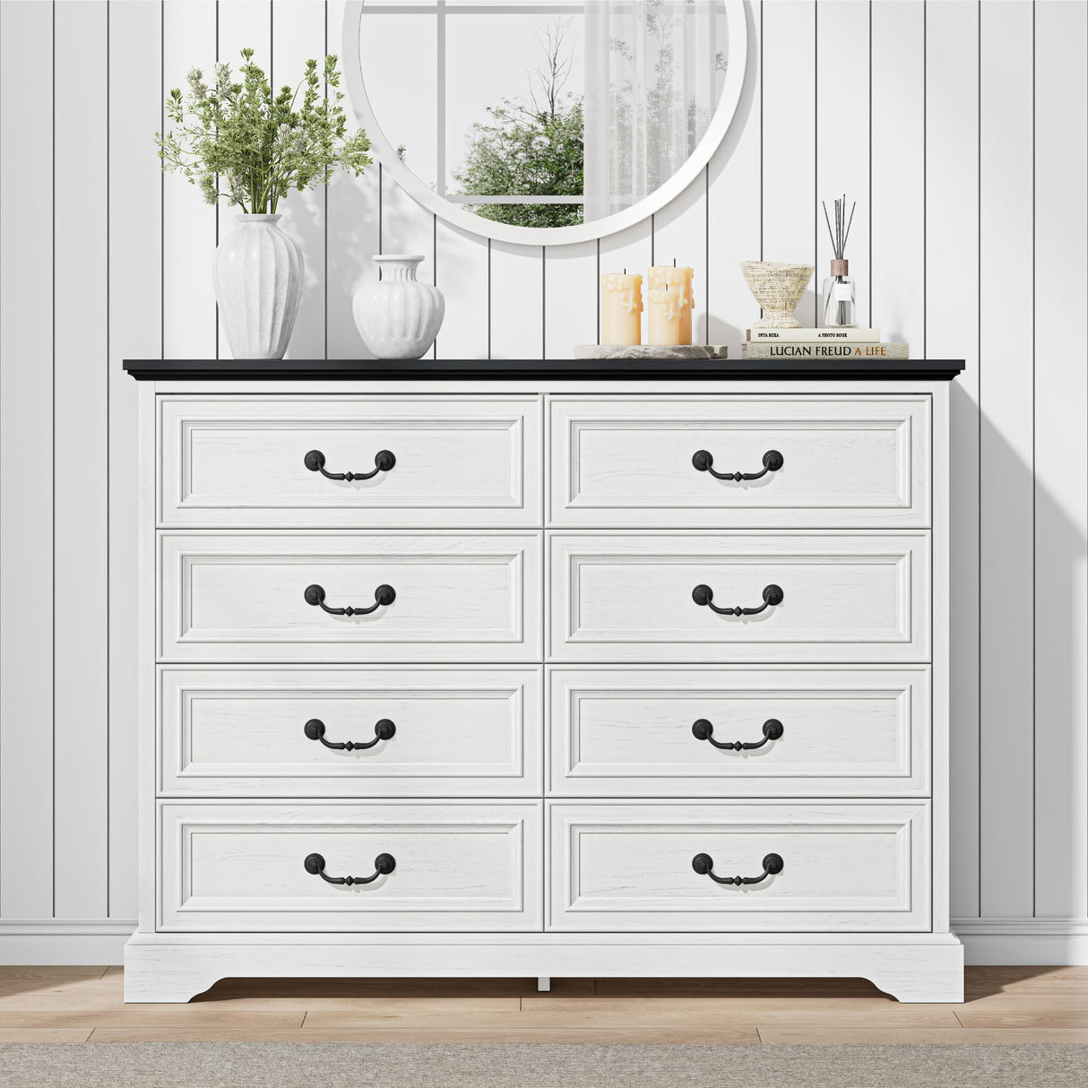 LIKIMIO Farmhouse 8 Drawer Dresser for Bedroom, 52" Wide Dresser Drawers with Storage, Rustic Wooden Chest of Drawers for Bedroom, Hallway, Antique White LIKIMIO